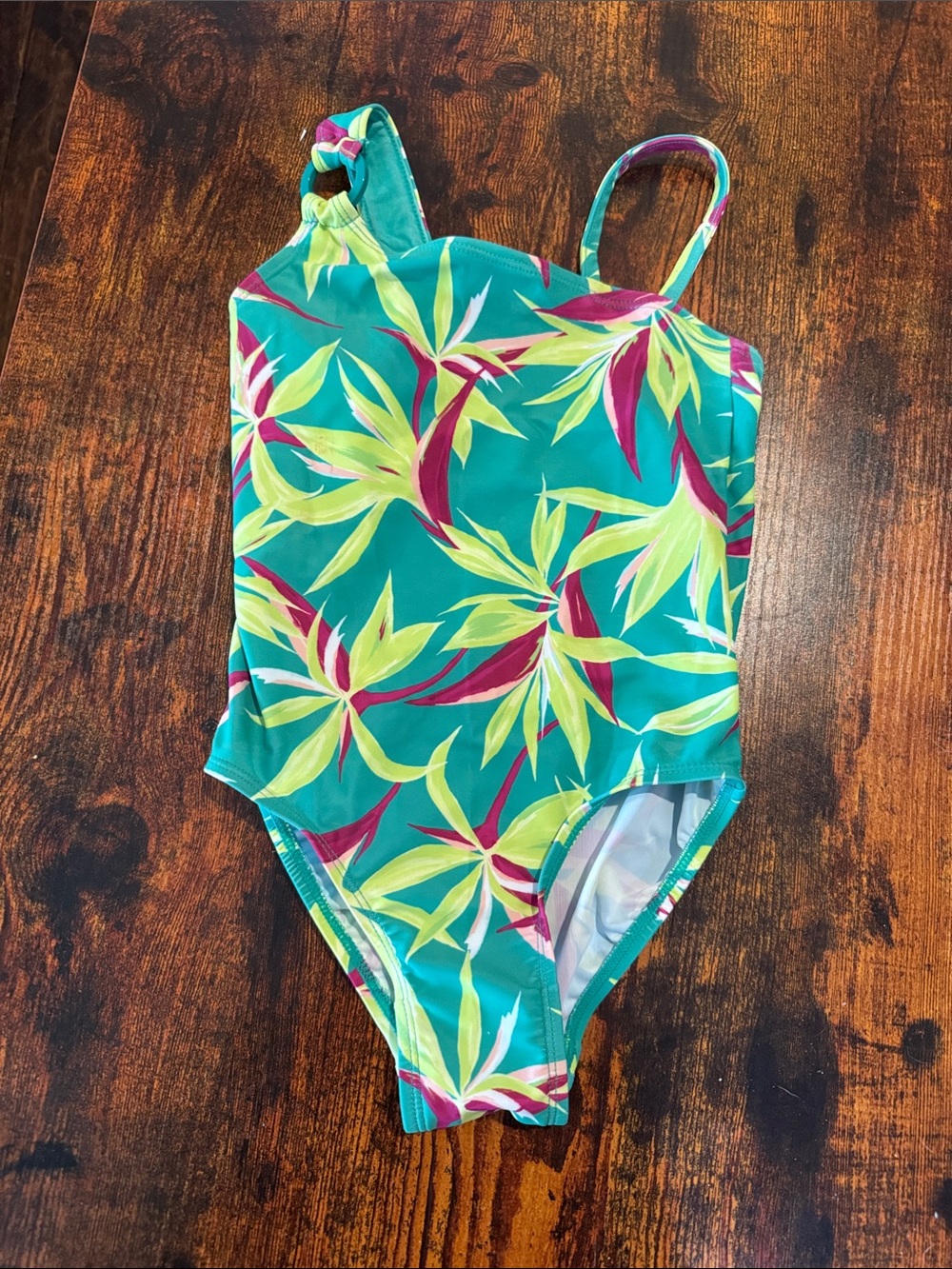 Old Navy Teal One-Piece Swimsuit with Pink and Lime Leaf Print